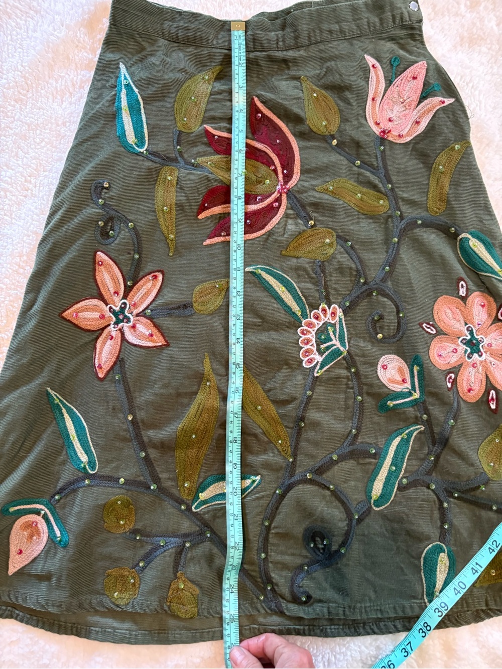 Pura Vida Olive Green A-Line Skirt with Pink & Teal Floral Embroidery - Picture 2 of 7